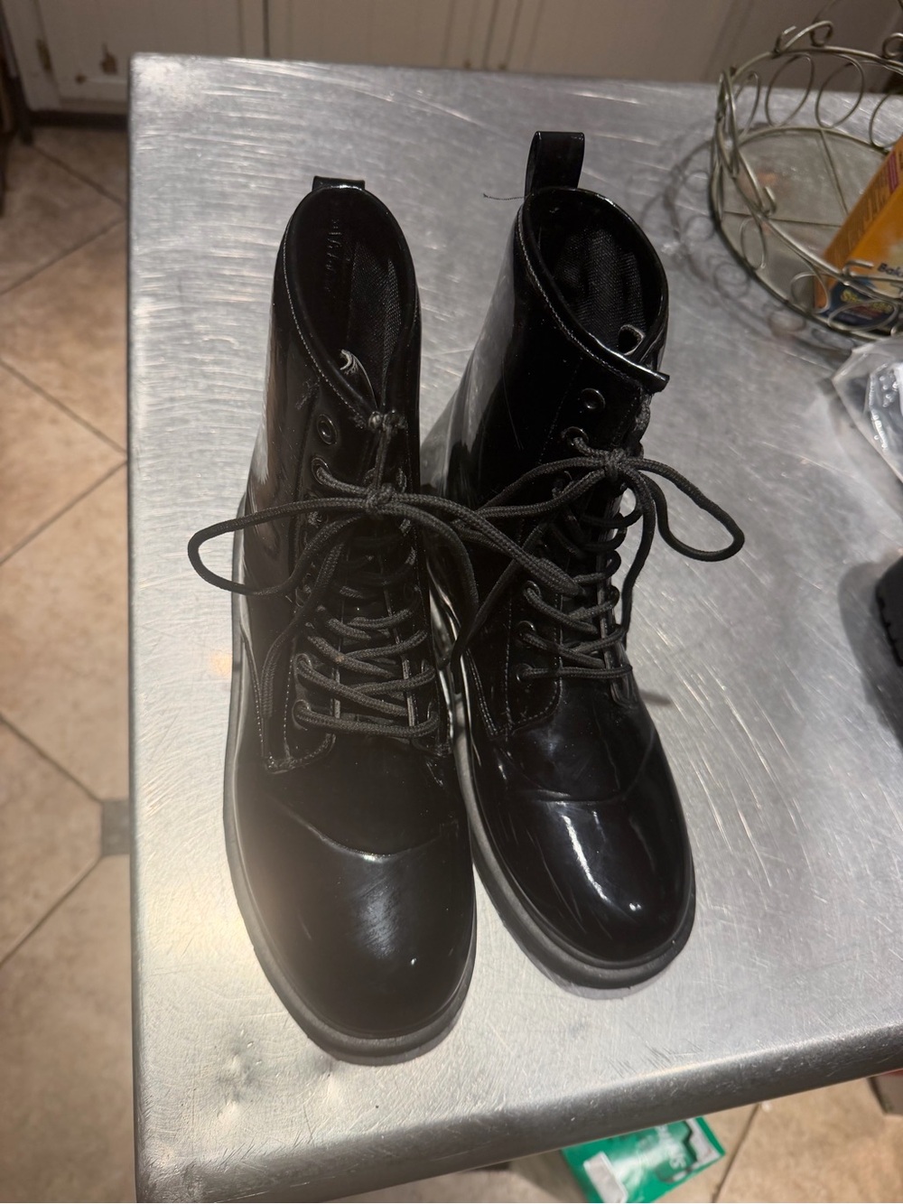 Charles Albert Black Patent Lace-Up Combat Boots